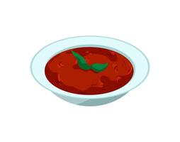 A bowl of tomato soup with a leaf on top vector