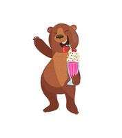 A cartoon bear holding a milkshake with a cherry on top vector