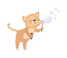 A cartoon cat blowing bubbles with a stick vector