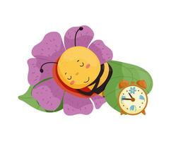 A cartoon bee sleeping on a flower with an alarm clock vector