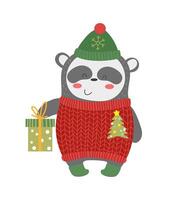 A cute panda wearing a christmas sweater and holding a gift vector