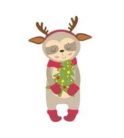 A cute deer holding a christmas tree vector