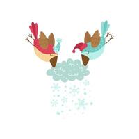 Two birds are flying in the air with snowflakes vector