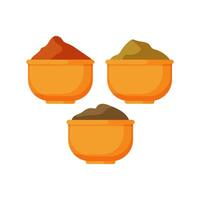 Three bowls of different colored spices on a white background vector