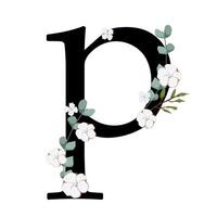 The letter p is surrounded by flowers and leaves vector