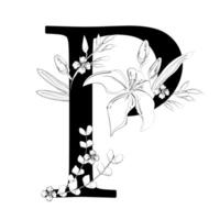 A black and white drawing of a letter p with flowers vector