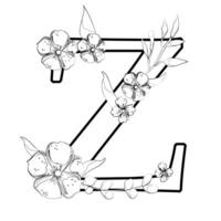 A coloring page with the letter z and flowers vector
