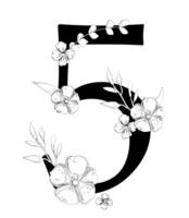 A black and white drawing of a number five with flowers vector
