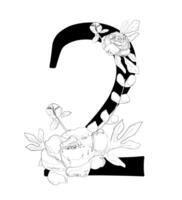 A black and white drawing of a number two with flowers vector