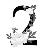 A black and white illustration of a number two with flowers vector