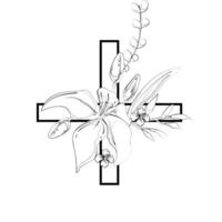 A drawing of a cross with flowers and leaves vector