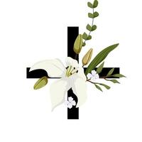 Easter cross with white lily and leaves illustration vector