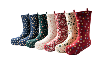 Stylish rain boots with various patterns. transparent bg png