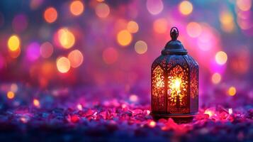Elegant Persian New Year Lantern with Vibrant Bokeh Background Concept of Festive Lights, Cultural Celebration, and Warm Atmosphere. Nowruz. Copy space photo