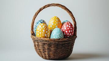 Vibrant polka-dotted Easter eggs in a rustic wicker basket on a soft gray surface photo