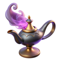 dramatic modern A powerful djinn with swirling smoke and glowing embers, emerging from a magic lamp, in a sultan's palace. Arabian Nights style, dramatic lighting high quality png