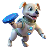 impressive contemporary A robotic dog playing fetch with a futuristic frisbee, lit by bright sunlight in a park, in a playful, cartoonish style high quality png