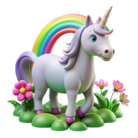 elegant artistic A benevolent unicorn with a spiraling silver horn, grazing in a field of vibrant wildflowers under a rainbow. Children's book illustration style authentic png