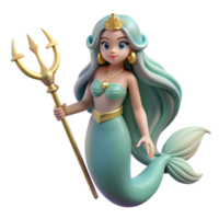 wonderful traditional A serene mermaid with long flowing hair, holding a pearl-encrusted trident, underwater scene with soft, diffused light. Digital art style 4K png