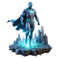 wonderful creative A stoic, bioluminescent superhero with glowing cyan veins, hovering above a crumbling city, lit by a dramatic, low-angle, cool blue spotlight, in a gritty, realistic style premium png