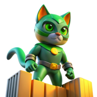 beautiful rustic A feline-inspired superhero with emerald green fur and amber eyes, perched atop a skyscraper, illuminated by a warm sunset glow, in a vibrant, comic book style high quality png