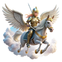 magnificent rustic An ethereal Valkyrie with winged helmet and shining armor, riding a winged horse through a cloudy sky. Viking art style authentic png