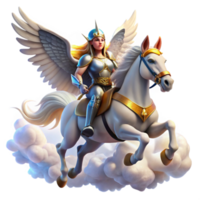 beautiful rustic An ethereal Valkyrie with winged helmet and shining armor, riding a winged horse through a cloudy sky. Viking art style high resolution png