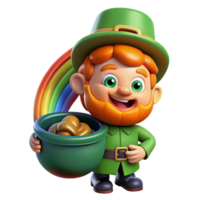 magnificent contemporary A mischievous leprechaun with a pot of gold, hiding at the end of a rainbow in a lush green field. Cartoon style 4K png