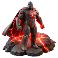 impressive minimalist A towering, rock-like superhero with glowing red fissures, standing amidst a dust storm, lit by flickering lightning, in a dark fantasy art style exclusive png