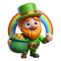 serene creative A mischievous leprechaun with a pot of gold, hiding at the end of a rainbow in a lush green field. Cartoon style original png