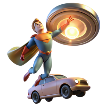 wonderful abstract A gravity-manipulating superhero with swirling, distorted spacetime around them, lifting a car, lit by a dramatic, overhead spotlight, in a dynamic, action-oriented style premium png