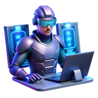 elegant artistic A tech-based superhero with holographic displays and advanced weaponry, hacking into a system, bathed in the glow of computer screens, in a cyberpunk, gritty style high resolution png
