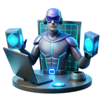 wonderful abstract A tech-based superhero with holographic displays and advanced weaponry, hacking into a system, bathed in the glow of computer screens, in a cyberpunk, gritty style genuine png