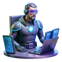 beautiful artistic A tech-based superhero with holographic displays and advanced weaponry, hacking into a system, bathed in the glow of computer screens, in a cyberpunk, gritty style original png