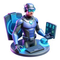 impressive modern A tech-based superhero with holographic displays and advanced weaponry, hacking into a system, bathed in the glow of computer screens, in a cyberpunk, gritty style detailed png