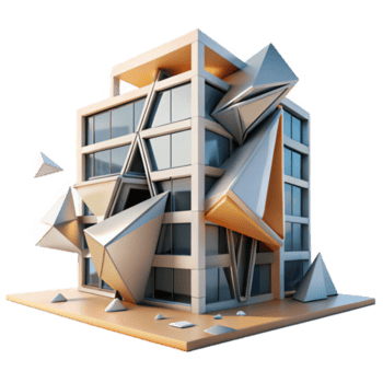 hermosa minimalista deconstructivista oficina edificio, fragmentado formas, angular formularios, dramático Encendiendo, resumen expresionismo, 8k, auténtico png