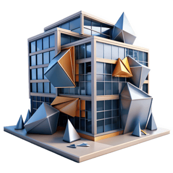 sereno moderno deconstructivista oficina edificio, fragmentado formas, angular formularios, dramático Encendiendo, resumen expresionismo, 8k, detallado png