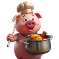 vibrant modern A plump, pink pig wearing a chef's hat and stirring a giant pot of spaghetti, spotlighted under dramatic, theatrical lighting, drawn in a Fleischer Studios cartoon style high resolution png