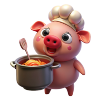 extraordinary minimalist A plump, pink pig wearing a chef's hat and stirring a giant pot of spaghetti, spotlighted under dramatic, theatrical lighting, drawn in a Fleischer Studios cartoon style 4K png