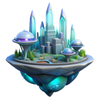 impressive classic Floating island city, futuristic architecture, bioluminescent plants, ethereal light, science fiction style, digital painting, authentic png