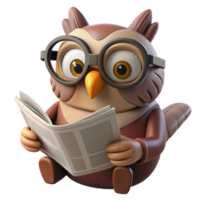 extraordinário abstrato uma sensato velho coruja vestindo óculos e lendo uma jornal empoleirado em uma filial, banhado dentro macio, manhã luz, ilustrado dentro uma estilo disney estilo genuíno png