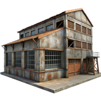 serene vintage Abandoned industrial building, rusting metal, broken windows, overcast daylight, urban decay style, photorealistic, authentic png