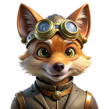 vibrant artistic A portrait of a steampunk fox with goggles and intricate clockwork mechanisms embedded in its fur, lit by a soft, ethereal light high resolution png