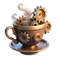 stunning creative A whimsical steampunk teacup, overflowing with gears and cogs, steam rising, lit by a soft, diffused light premium png