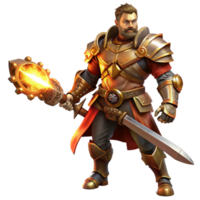 magnificent contemporary A fierce steampunk warrior, clad in leather and brass armor, wielding a gear-powered sword, illuminated by a fiery backlight high resolution png
