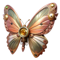 impressive rustic A delicate steampunk butterfly with metallic wings and clockwork gears for a body, lit by a soft, magical glow high resolution png