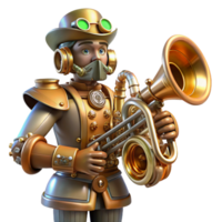 serene minimalist A complex steampunk automaton musician playing a brass instrument, with intricate gears and pistons, lit by a warm stage light professional png
