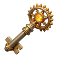 dramatic classic A detailed steampunk key with intricate carvings and clockwork mechanisms, illuminated by a single beam of light authentic png