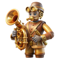 impressive traditional A complex steampunk automaton musician playing a brass instrument, with intricate gears and pistons, lit by a warm stage light exclusive png