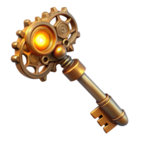 dramatic artistic A detailed steampunk key with intricate carvings and clockwork mechanisms, illuminated by a single beam of light 4K png
